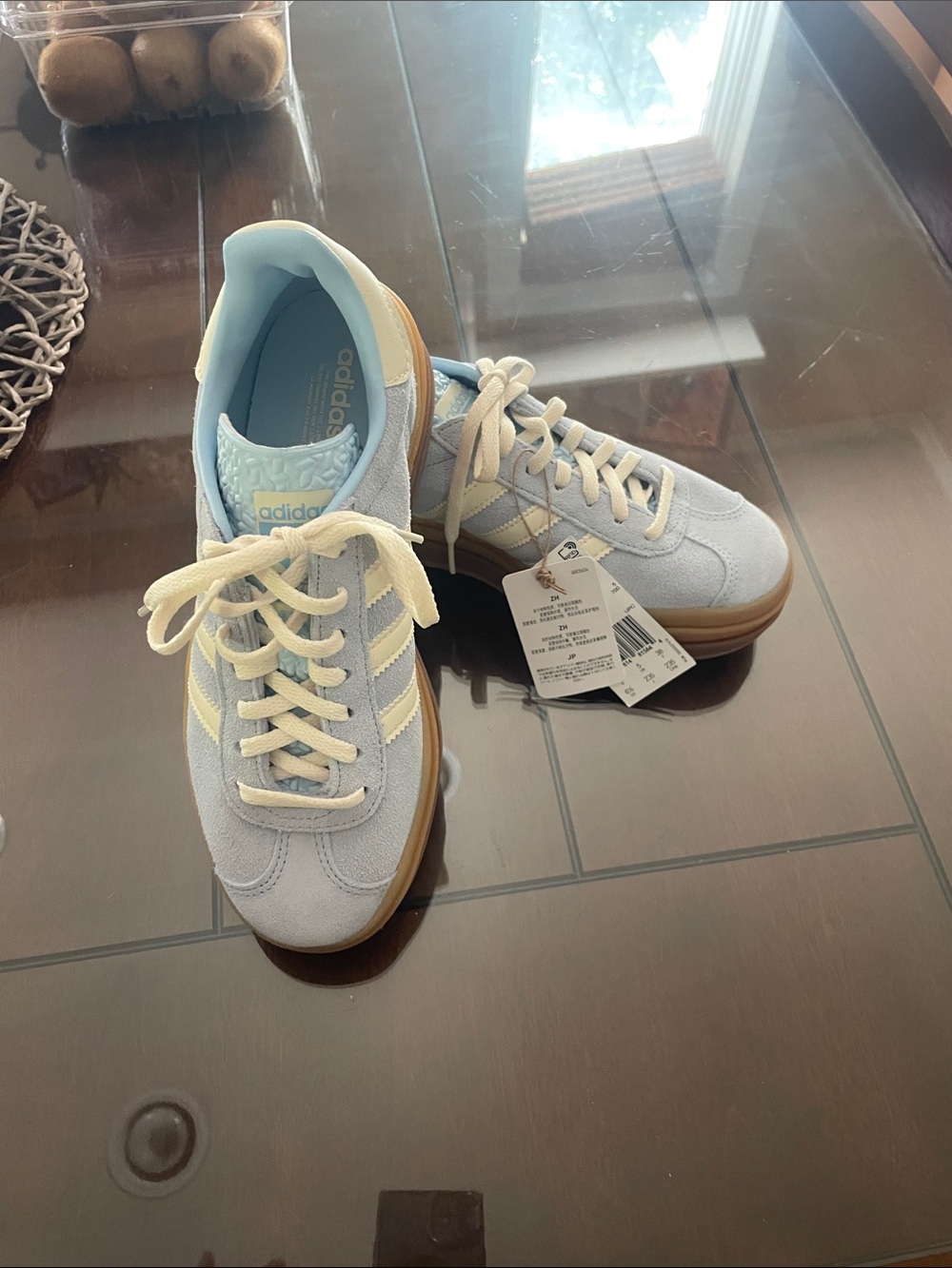 adidas Gazelle Platform Sneakers in Light Blue and White with Tan Sole